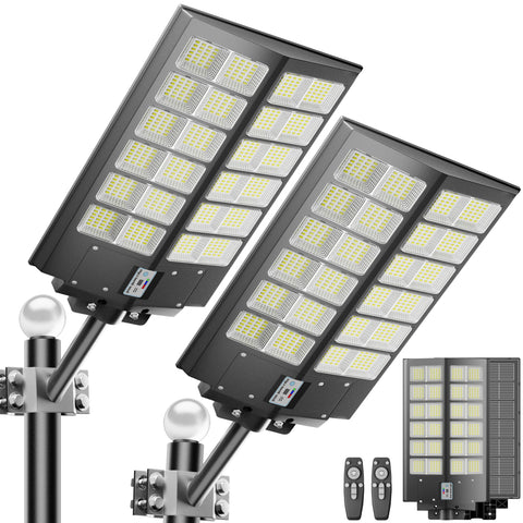 Jadisi 9000W solar street light front view brightening a parking lot safely