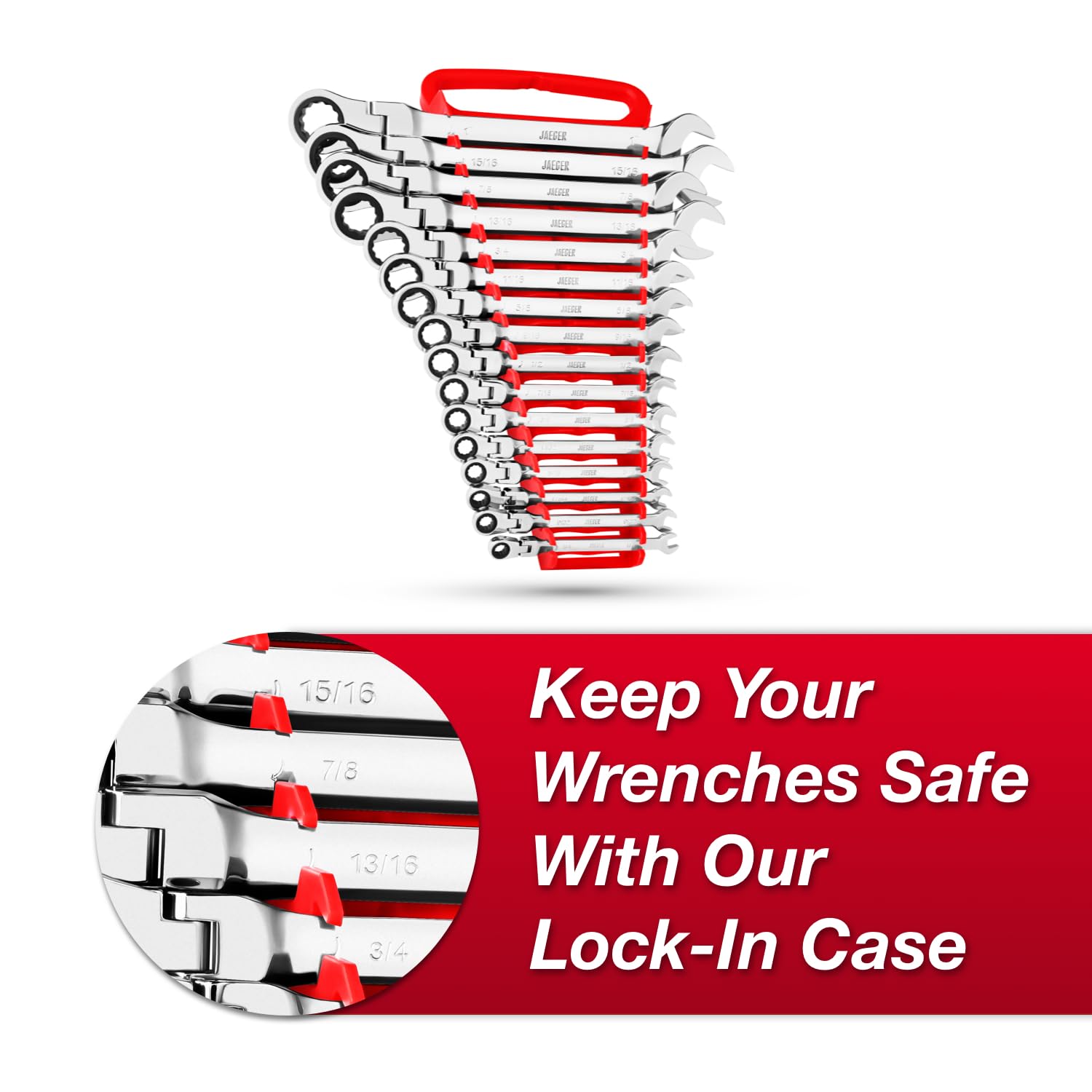 Jaeger 180-degree flex head angle reaches hard-to-reach bolts