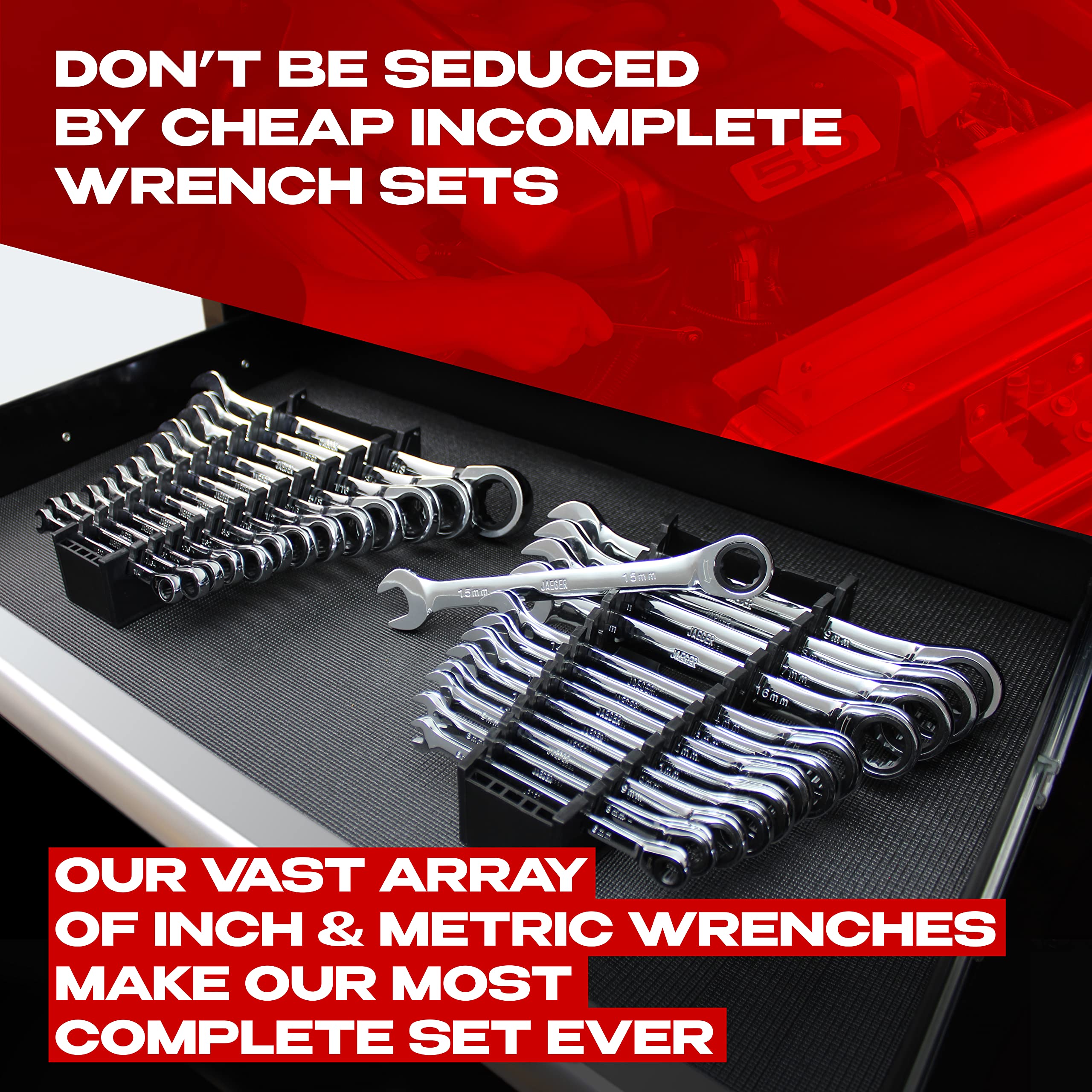 Jaeger TightSpot 26pc with flex head enables access in tight spaces.
