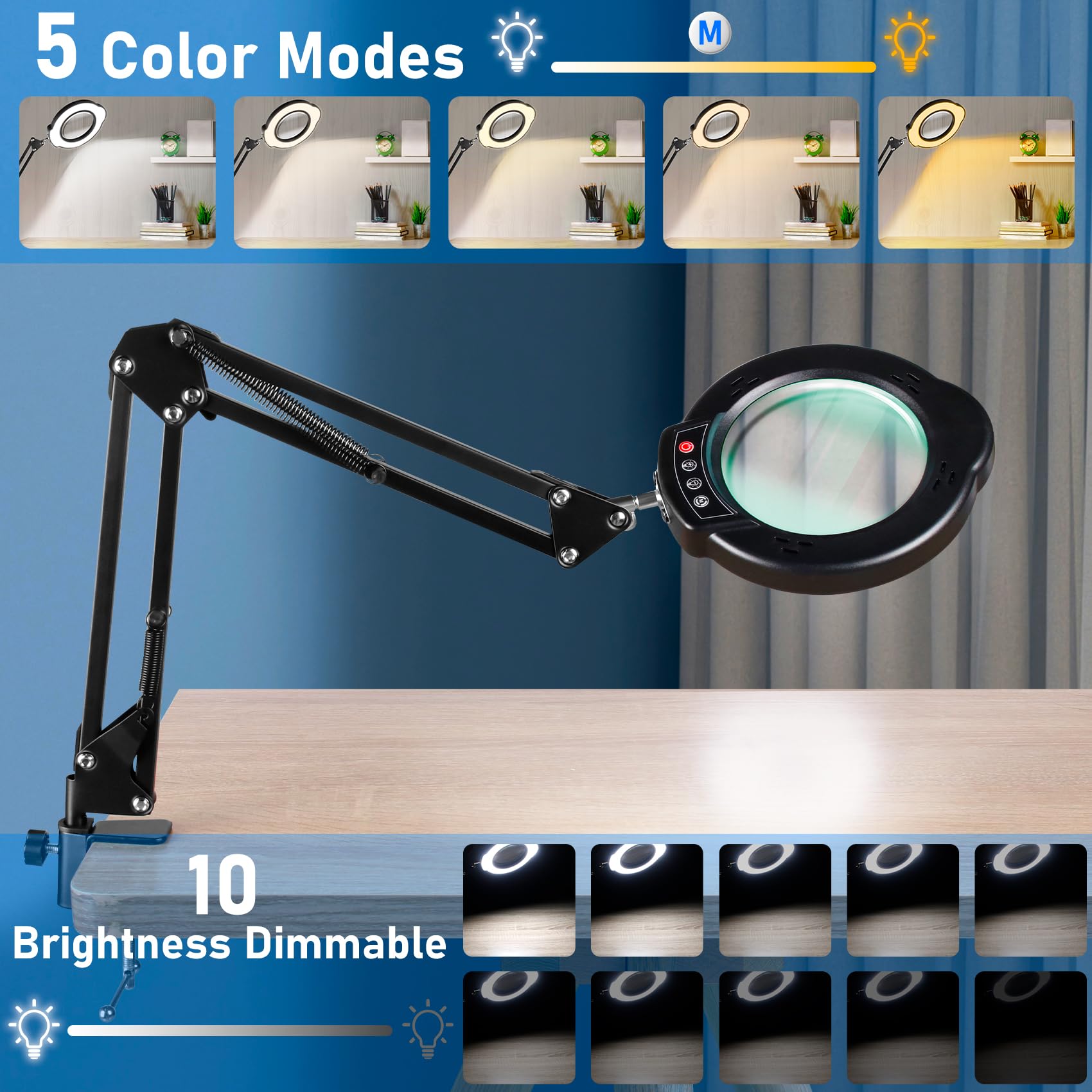 Jaenmsa clamp-on table mount secures the lamp to a surface.