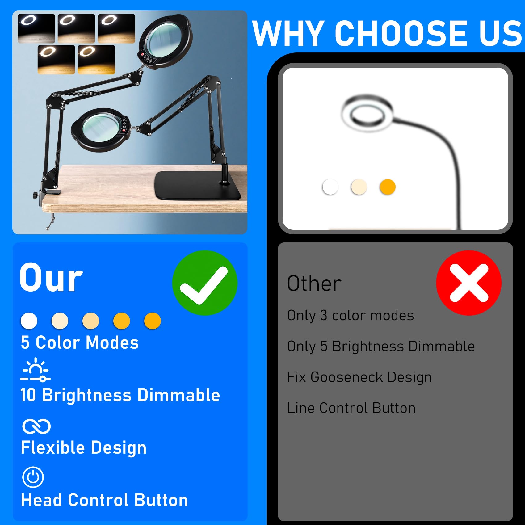 Jaenmsa magnifying lamp swing arms offer flexible angles for hands-free precision.