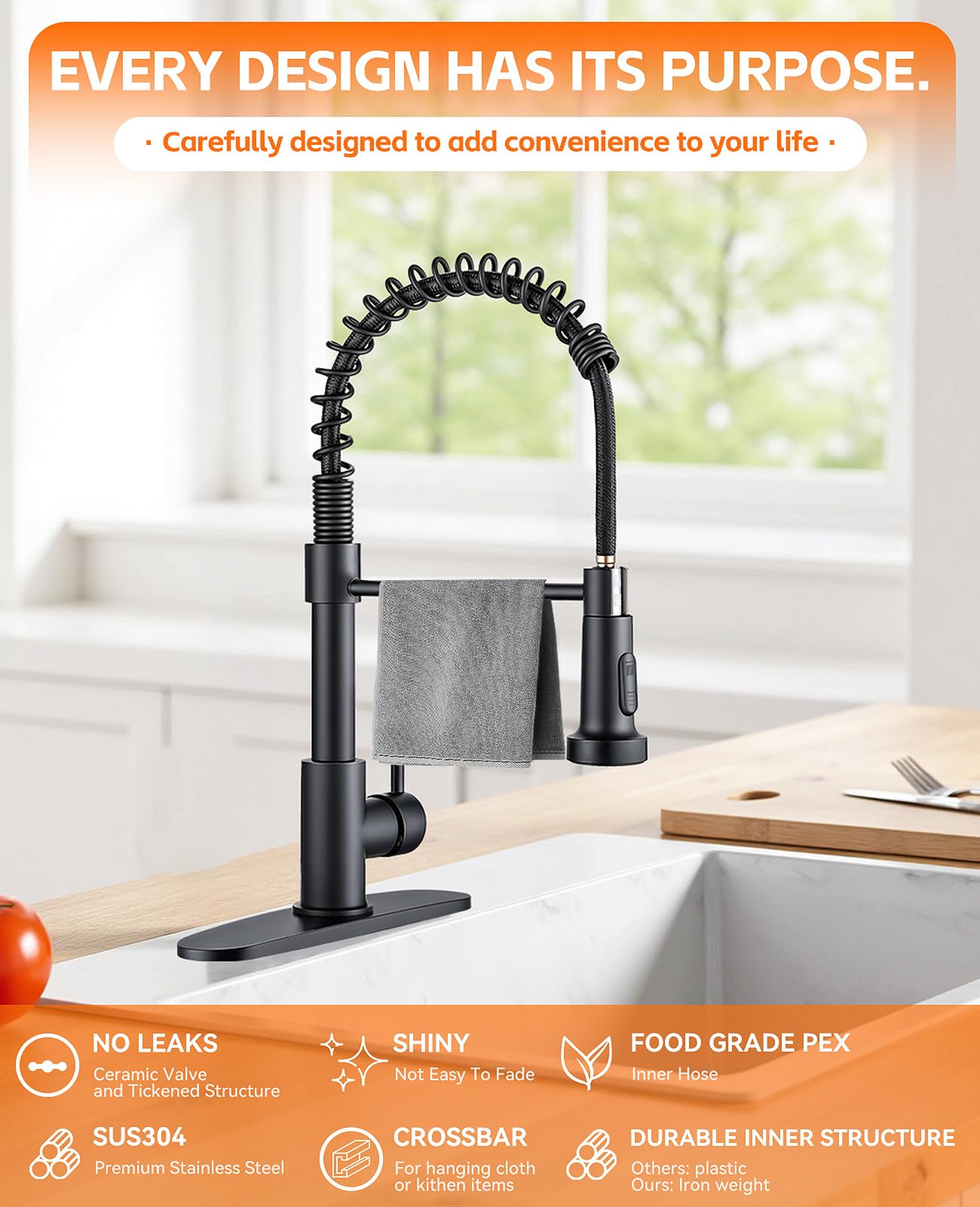 Jafeton kitchen faucet with 360-degree swivel sprayer offers precise reach for sink tasks.