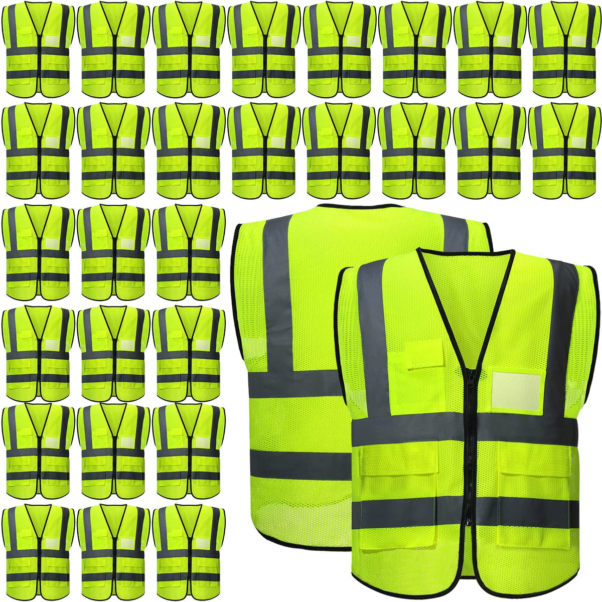 JaGely 30-pack safety vests front view for bulk team visibility.