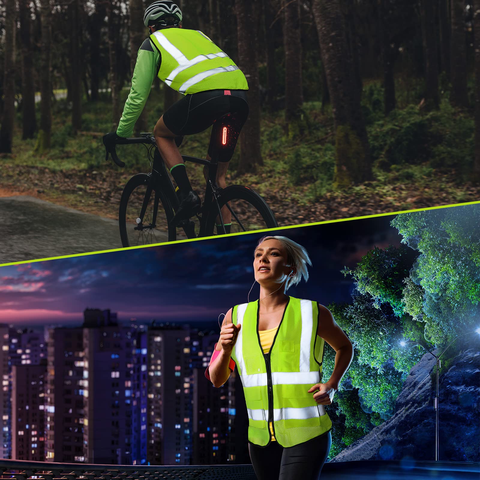 JaGely neon yellow safety vest in action at dusk setting.