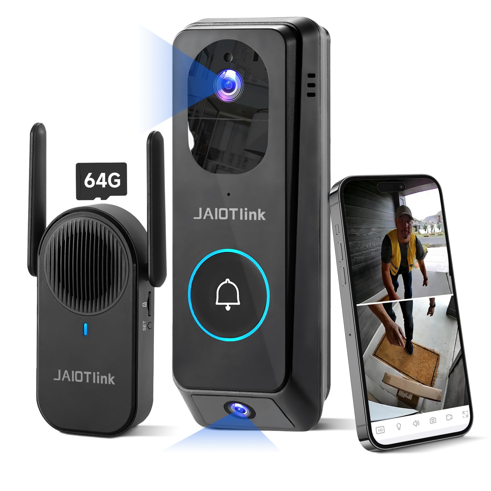 JAIOTlink 2K dual-lens doorbell front view delivers crisp visitor details