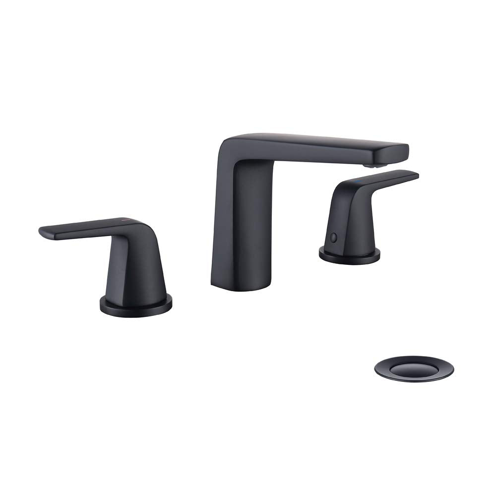 Jakarda 8-inch two-handle widespread faucet in matte black, durable and reliable for daily use.