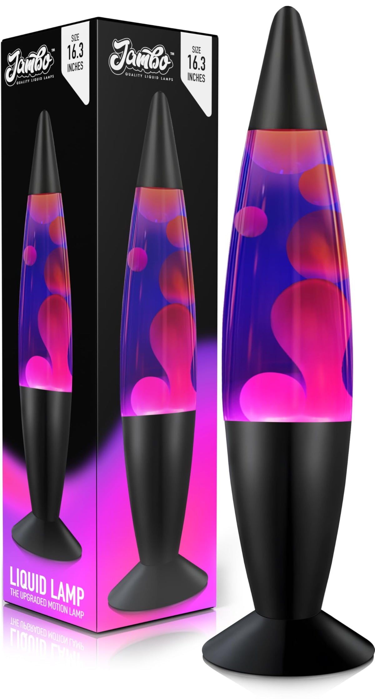 JAMBO 16-inch lamp with blue-purple wax, top view showing floating color motion for calming ambience.