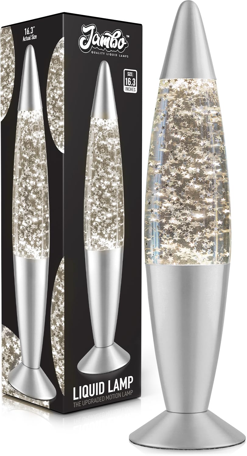 JAMBO 16-inch silver star glitter lamp front view with ambient glow.