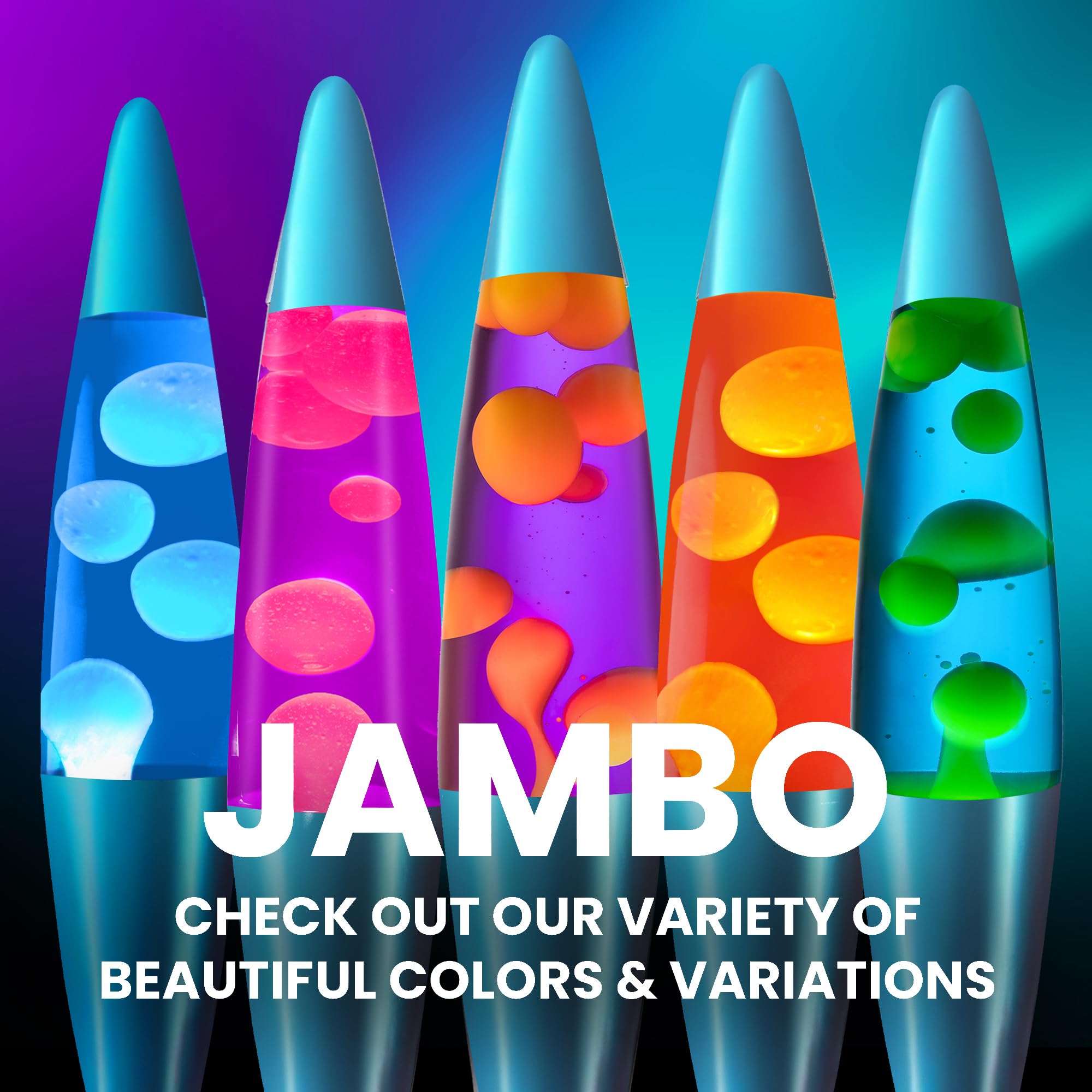 JAMBO magma motion lamp highlights yellow-green wax against blue body.
