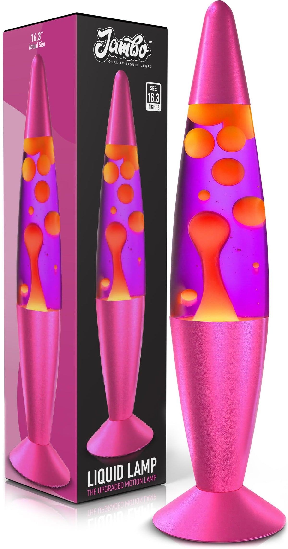 JAMBO 16-inch purple liquid lamp with flowing yellow-orange wax for calming ambience.