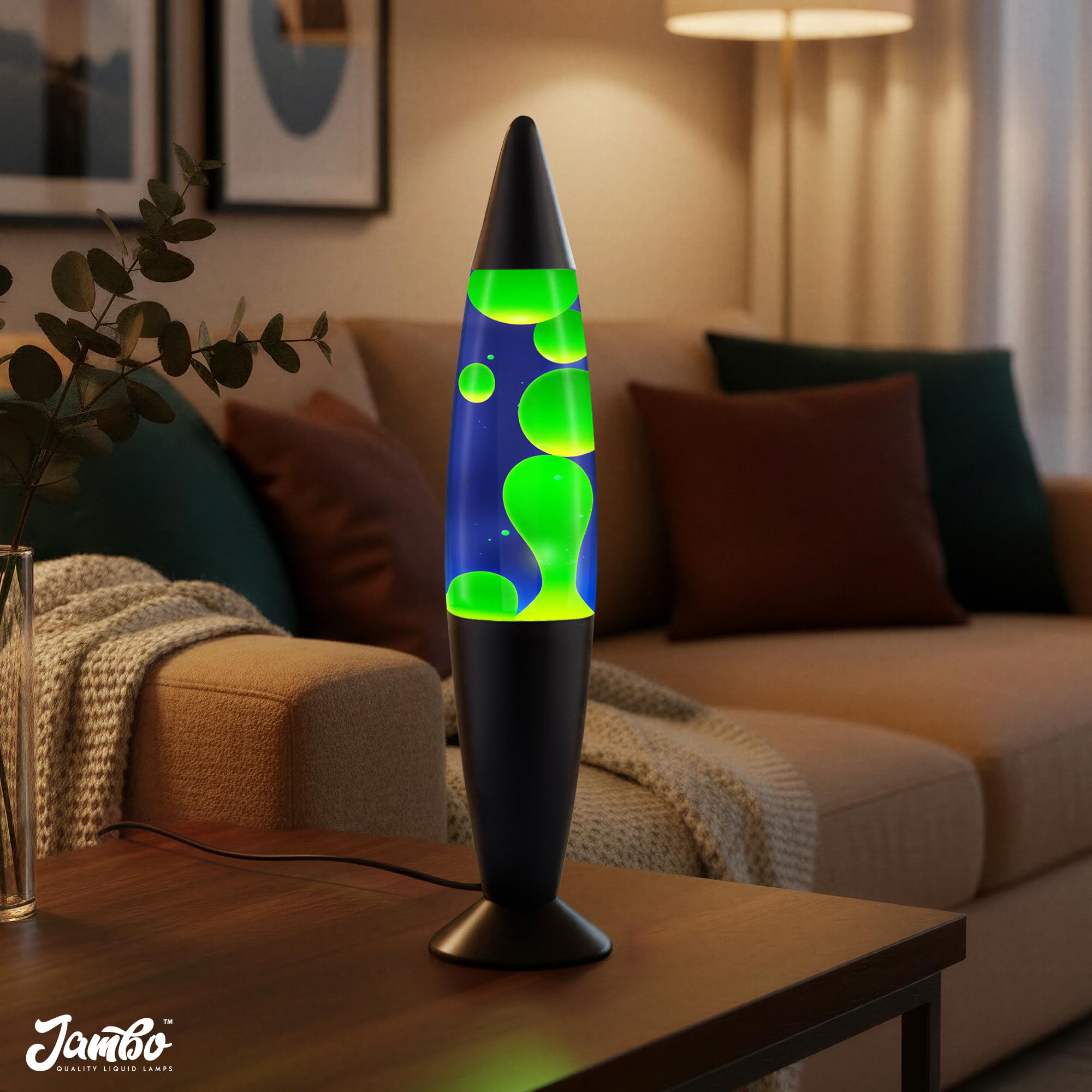 JAMBO blue lamp wax motion adds stylish versatility to living rooms.