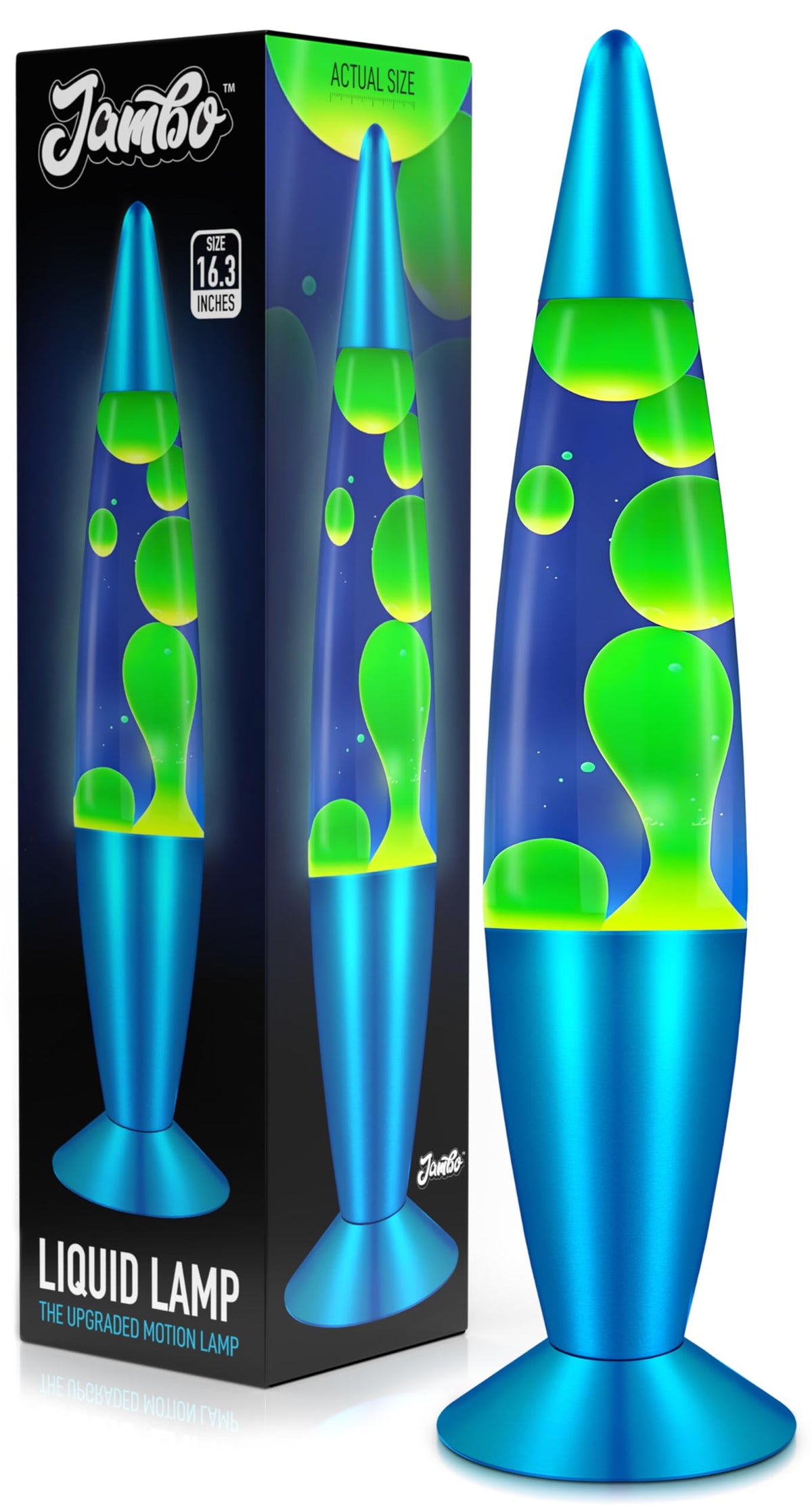 JAMBO liquid lamp in blue with yellow-green wax motion for calming ambient light.