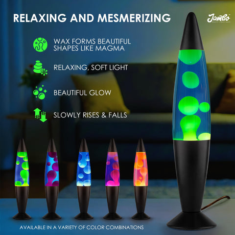 JAMBO liquid lamp side view demonstrates hypnotic wax flow for relaxation.