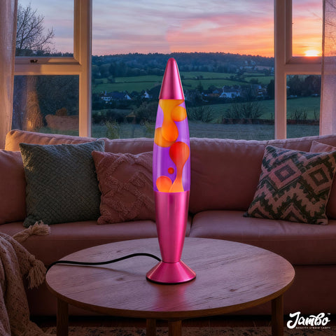JAMBO liquid lamp showing yellow to orange wax motion for a warm mood.