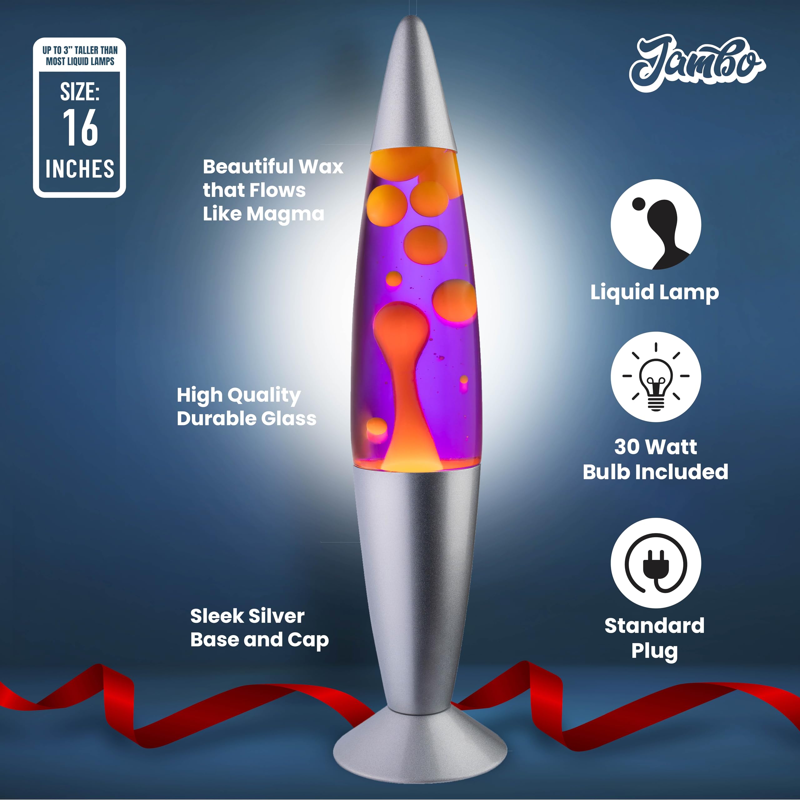 JAMBO magma motion lamp glow with flowing wax for mesmerizing motion.