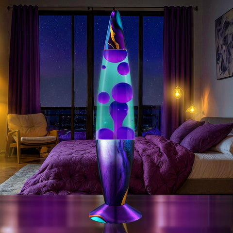 JAMBO liquid-motion lamp teal-purple wax closeup shows soothing shapes.