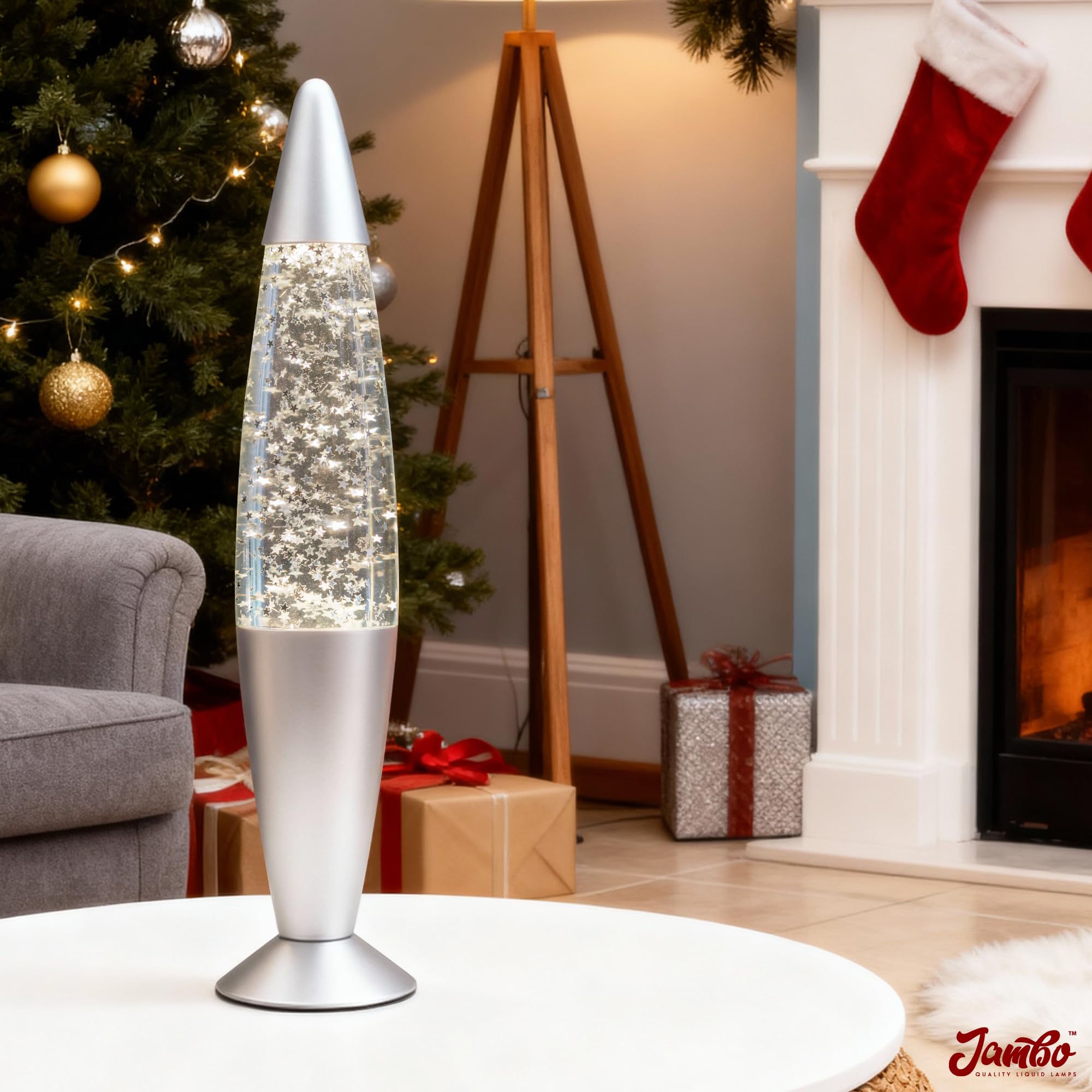 JAMBO silver star glitter lamp ambient glow in a dim room.