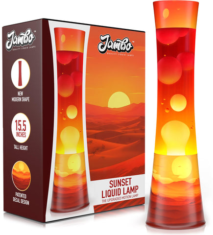 JAMBO Sunset Liquid Lamp with sunset decal creates warm mood lighting in any room.