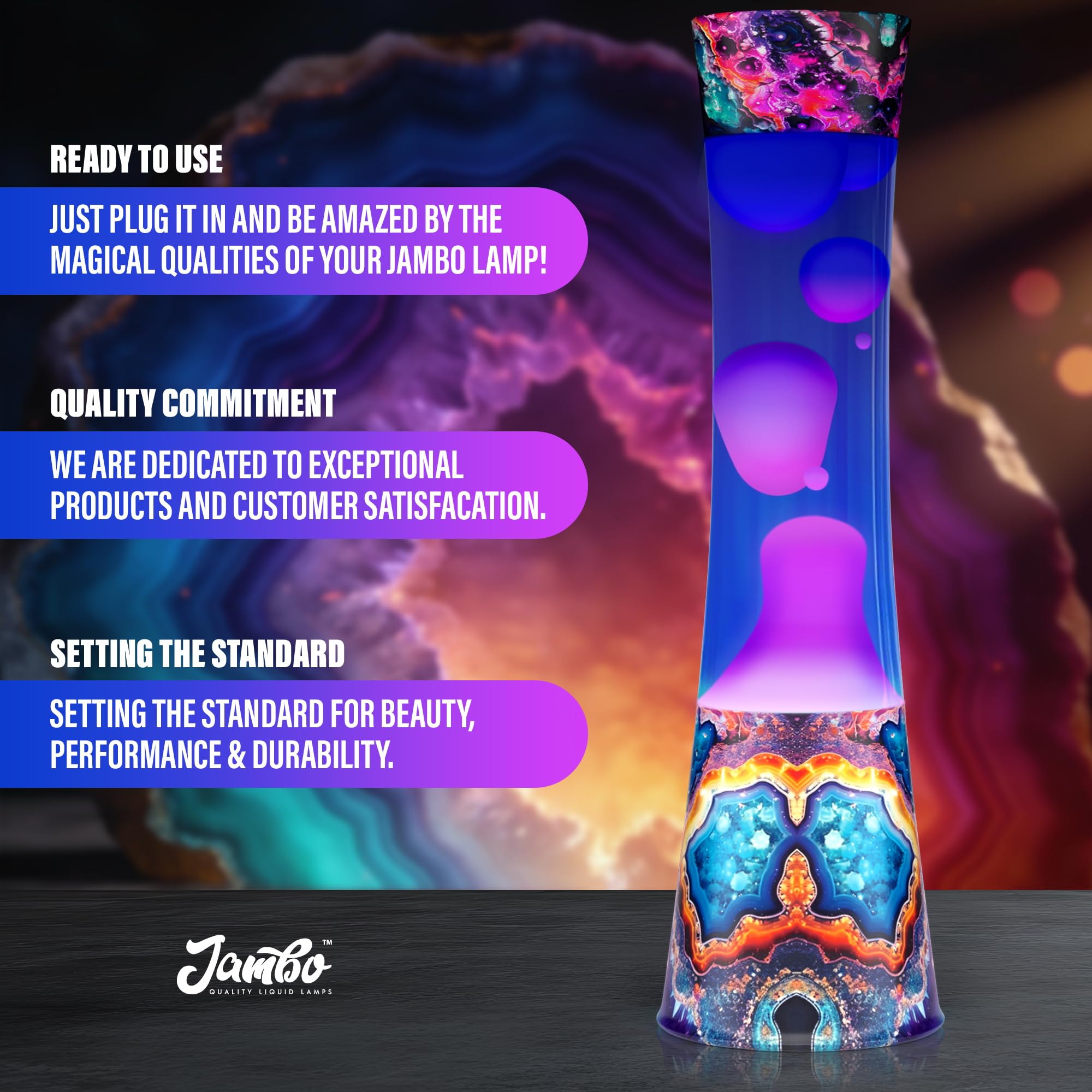 JAMBO wax flow lamp showing fluid motion for relaxing ambience.