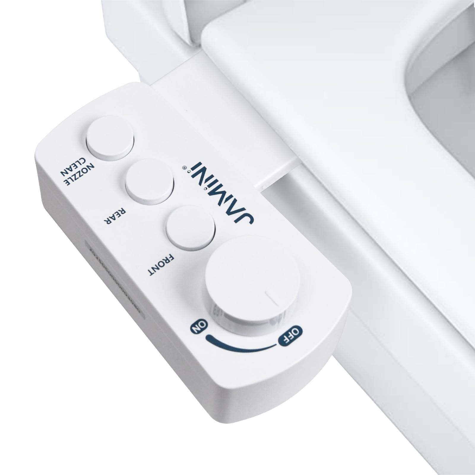 Jamini Ultra-Slim Detachable Bidet front view shows compact installation on toilet