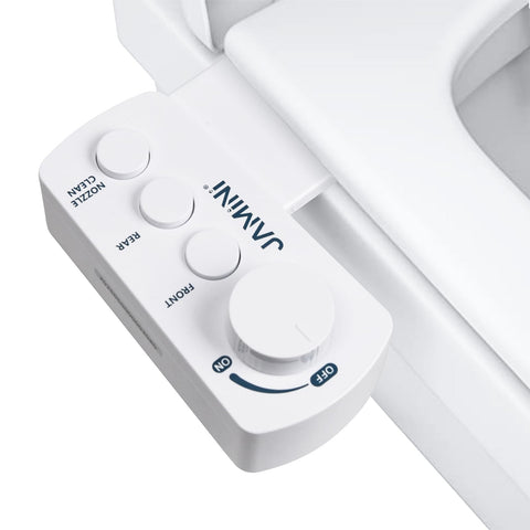 Jamini Ultra-Slim Detachable Bidet front view shows compact installation on toilet