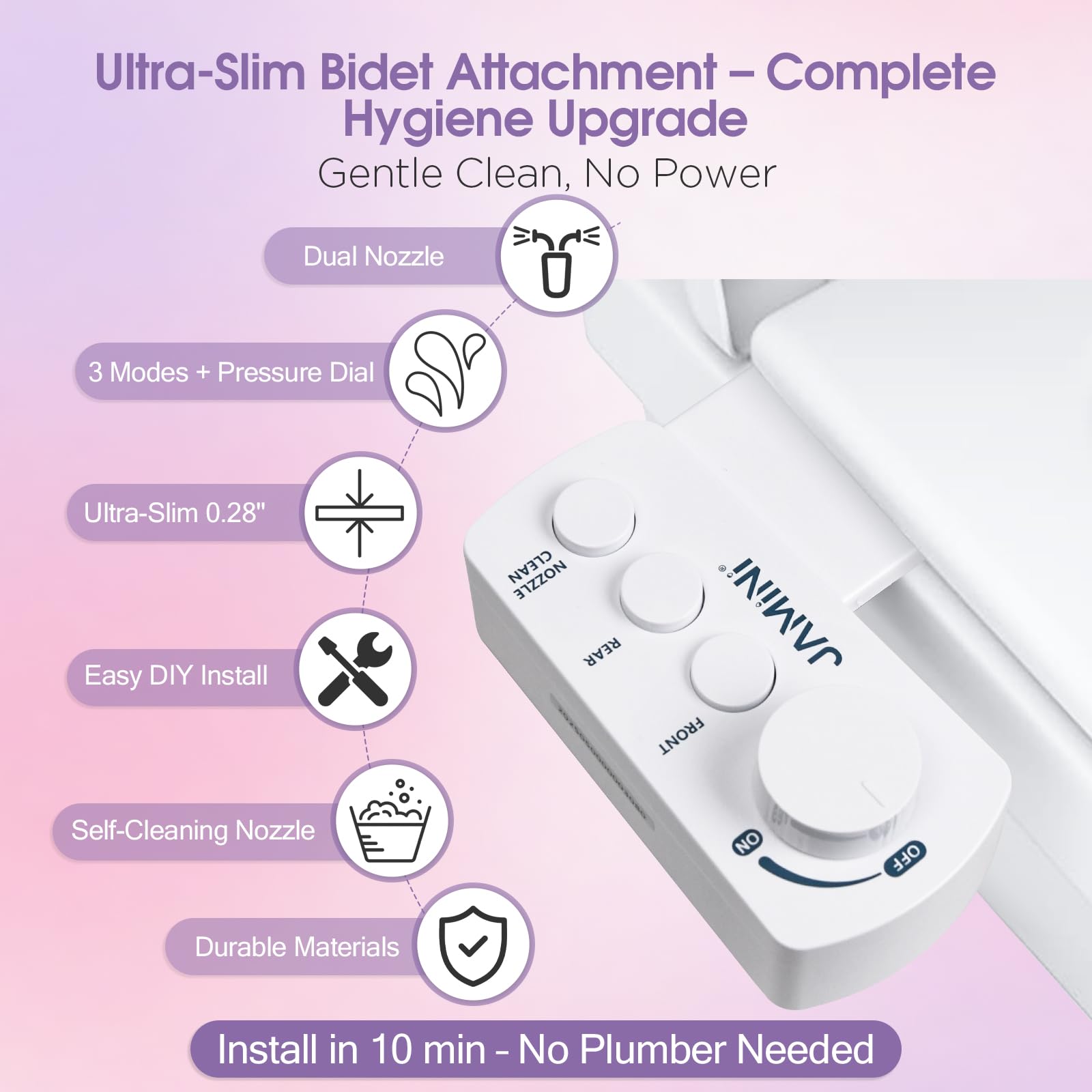Jamini bidet dual-nozzle detail highlights rear and feminine cleaning capabilities