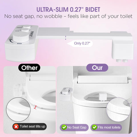Ultra-slim profile fits tight gaps on standard two-piece toilets