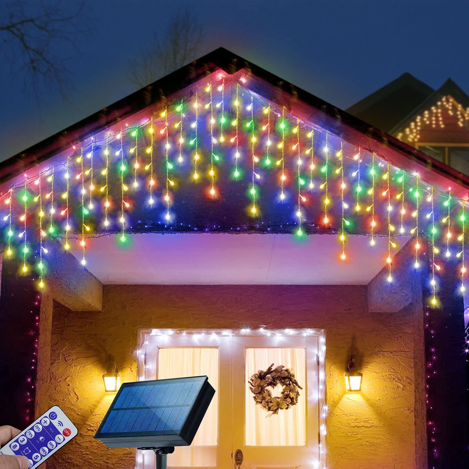Janchs solar icicle lights front view for colorful outdoor decor