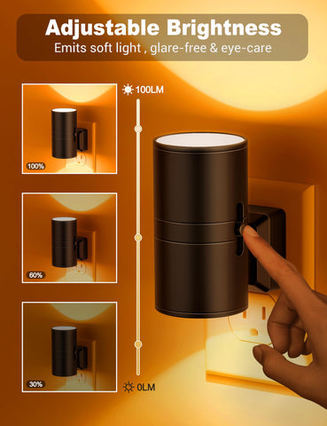 JandCase dimmable night light shown with adjustable brightness from 0 to 100 lumens.