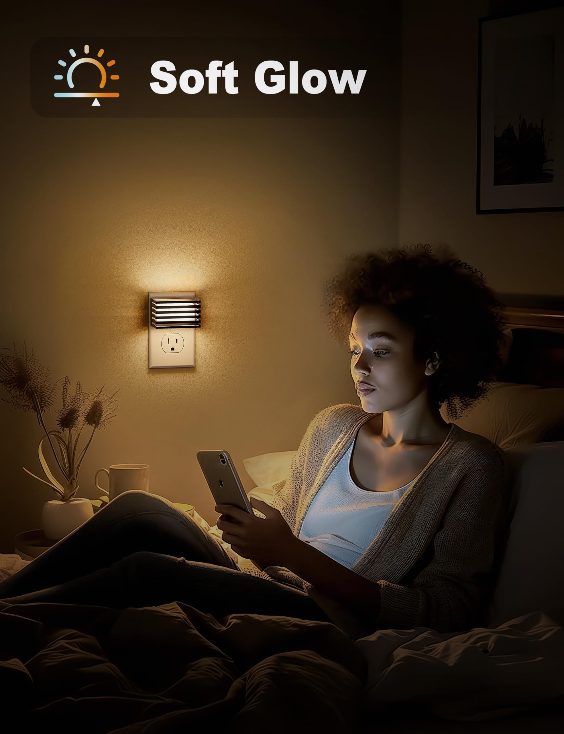 JandCase night light emits soft white 3000K for warm bedroom glow.