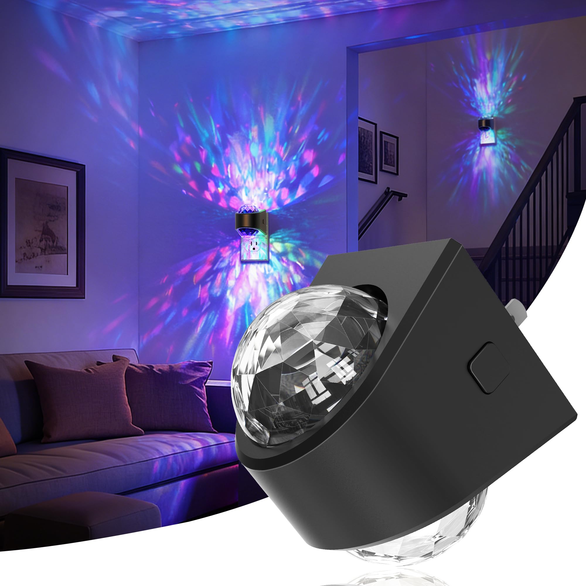 JandCase night light star projector, plugged into wall casting a magical galaxy on the wall.