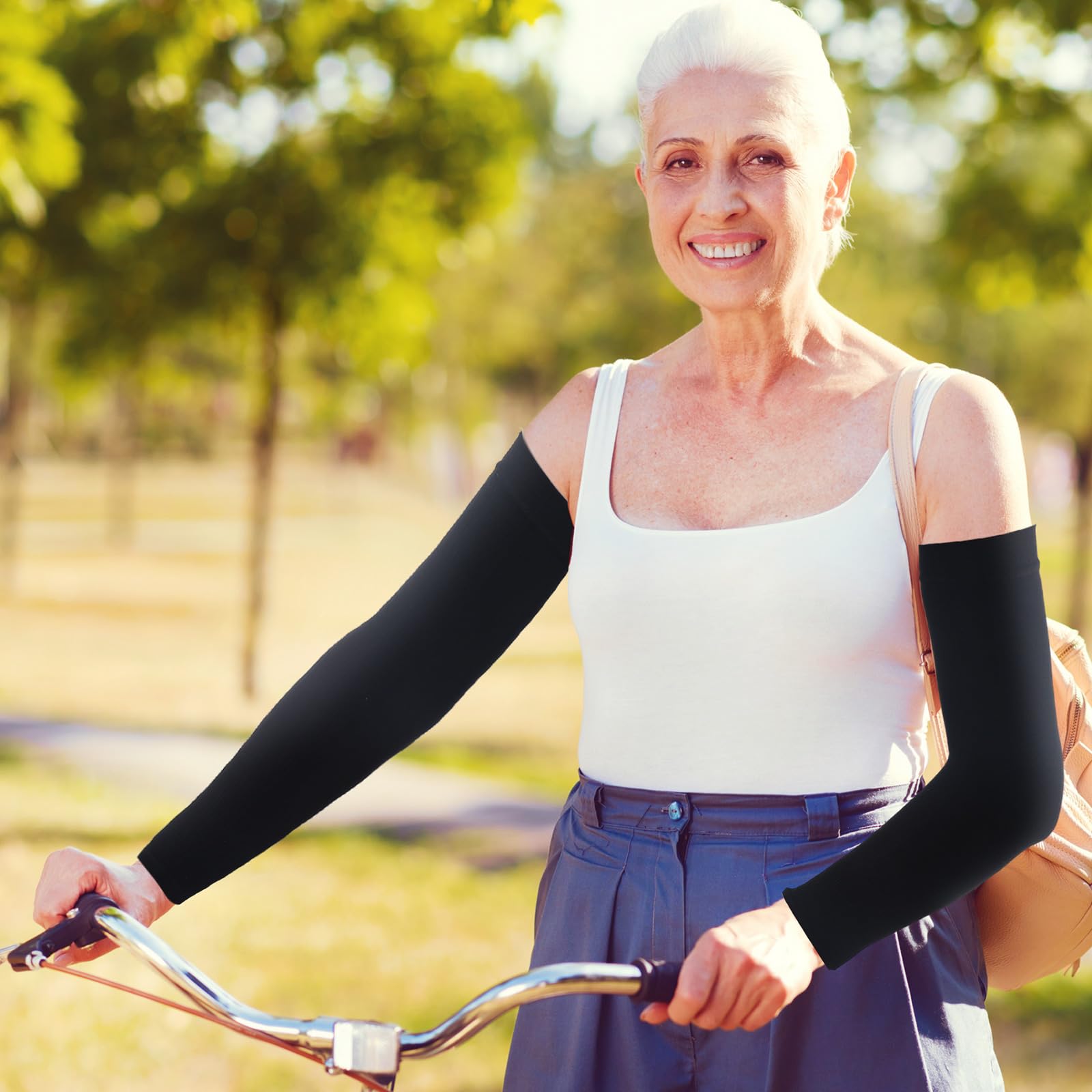 Janmercy arm sleeves stay in place during movement with a secure non-slip fit.