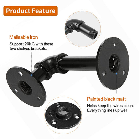 Janyang pipe shelf brackets in black finish add industrial style to walls.