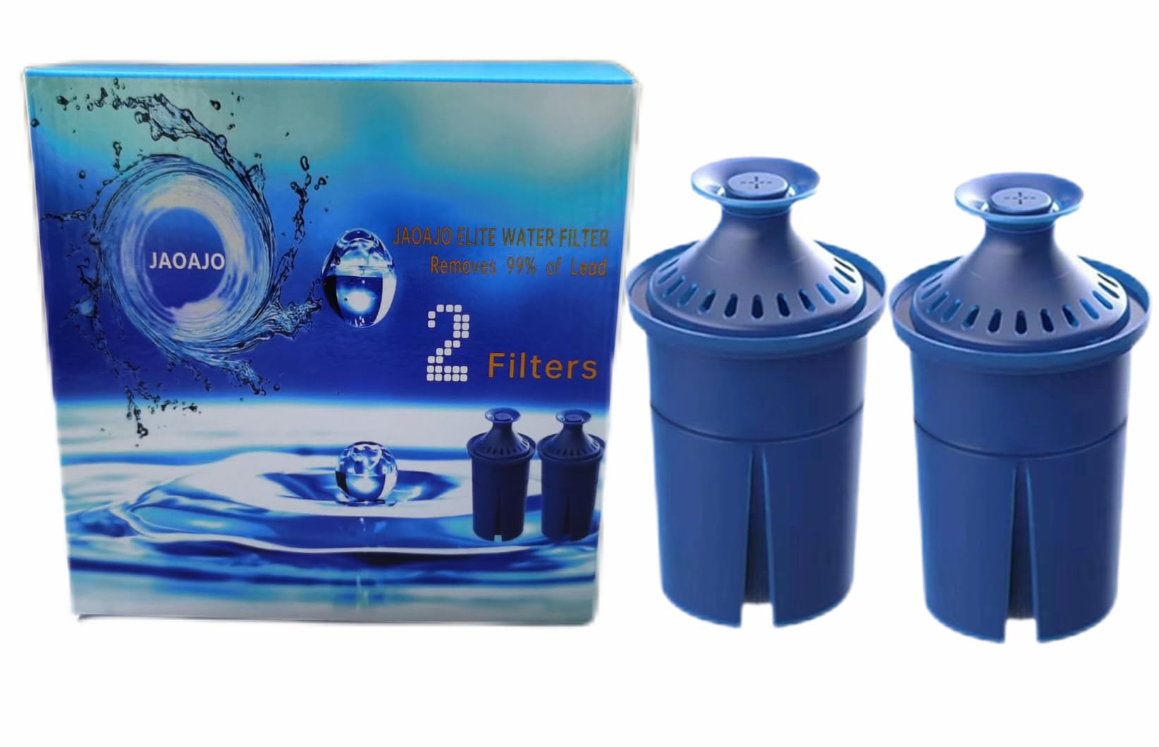 JAOAJO elite water filter two-pack blue for Brita pitchers, long-lasting filtration.