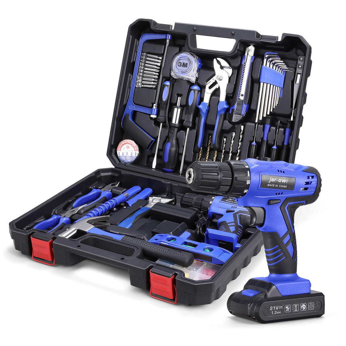 Jar-Owl 112-piece power tool kit in blue case for home repairs.