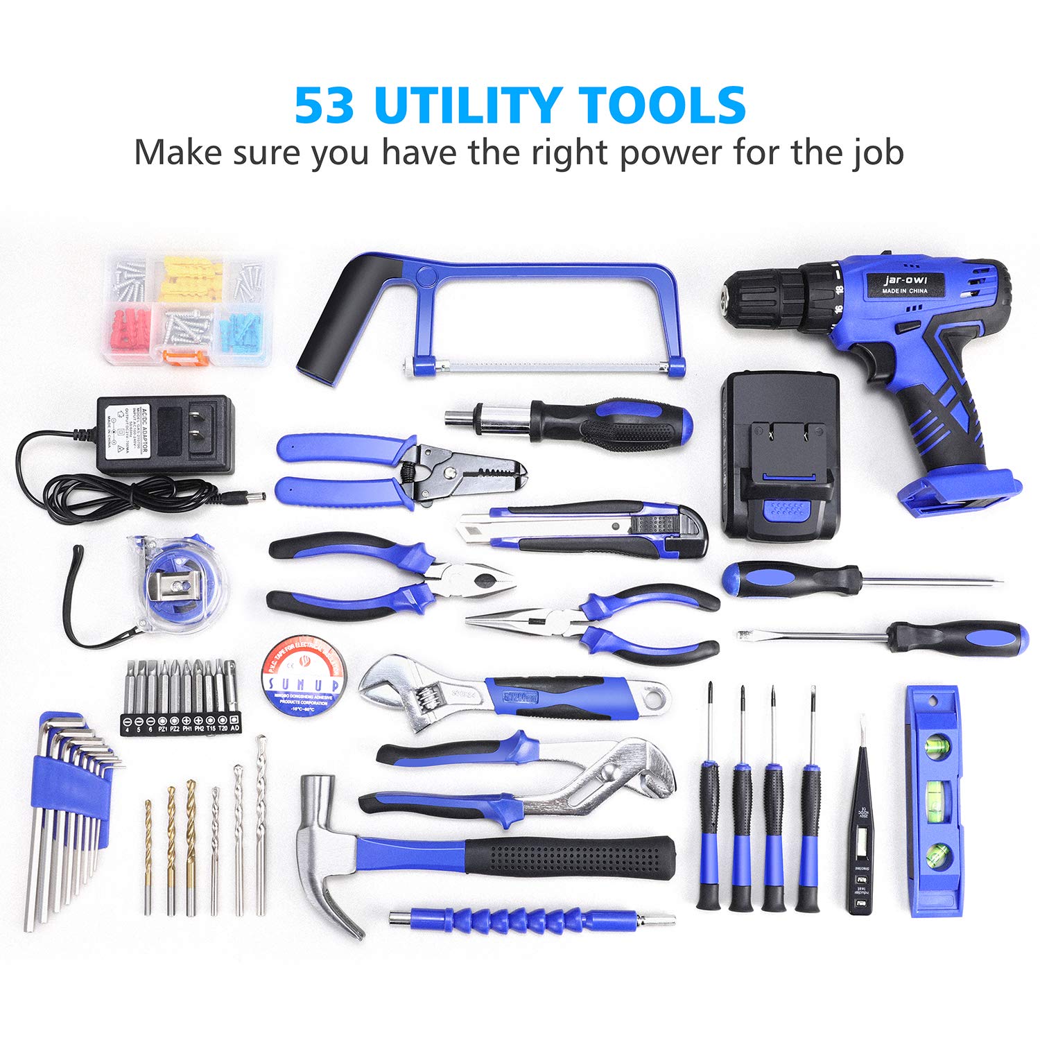 Jar-Owl 21V cordless drill with LED for precise drilling.