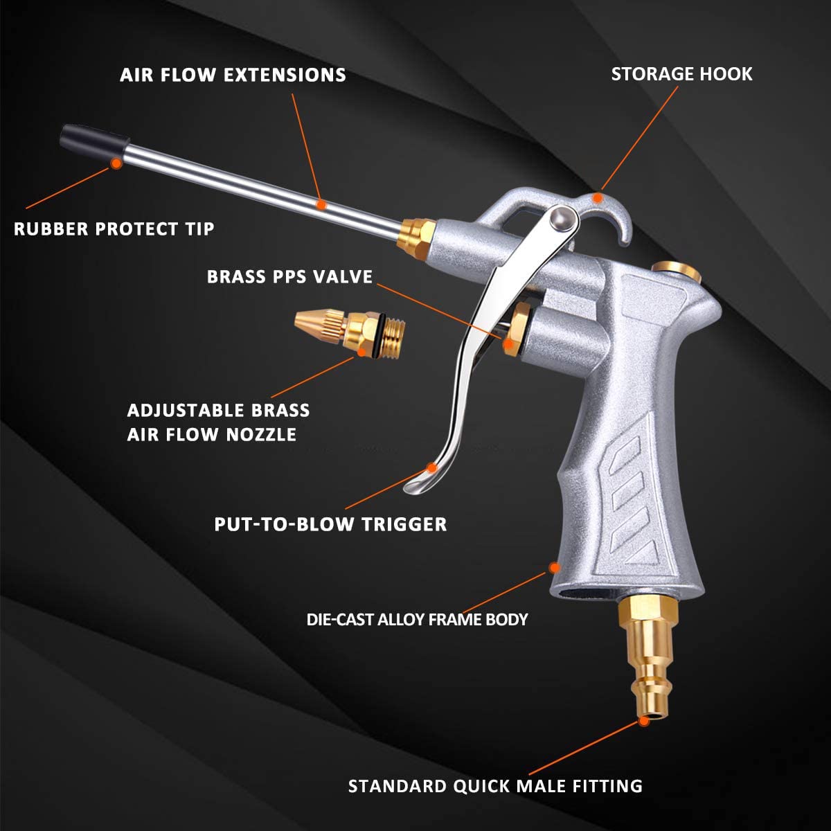 JASTIND blow gun with steel extension and protective tip reaching tight spaces.