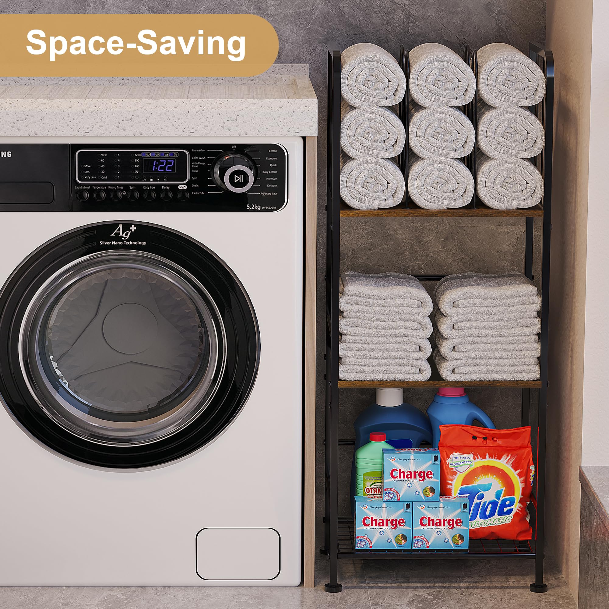 Jautokerdar compact organizer keeps towels neat in small bathrooms.