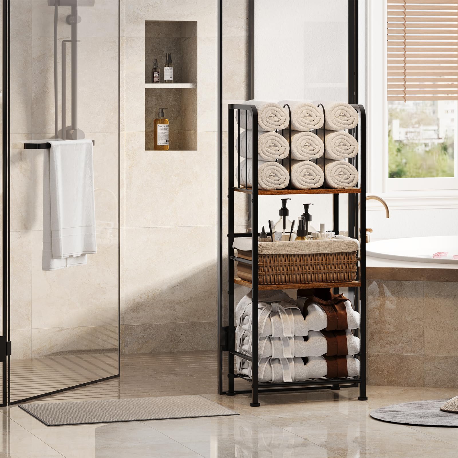 Jautokerdar multi-use rack stores towels and toiletries with ease.