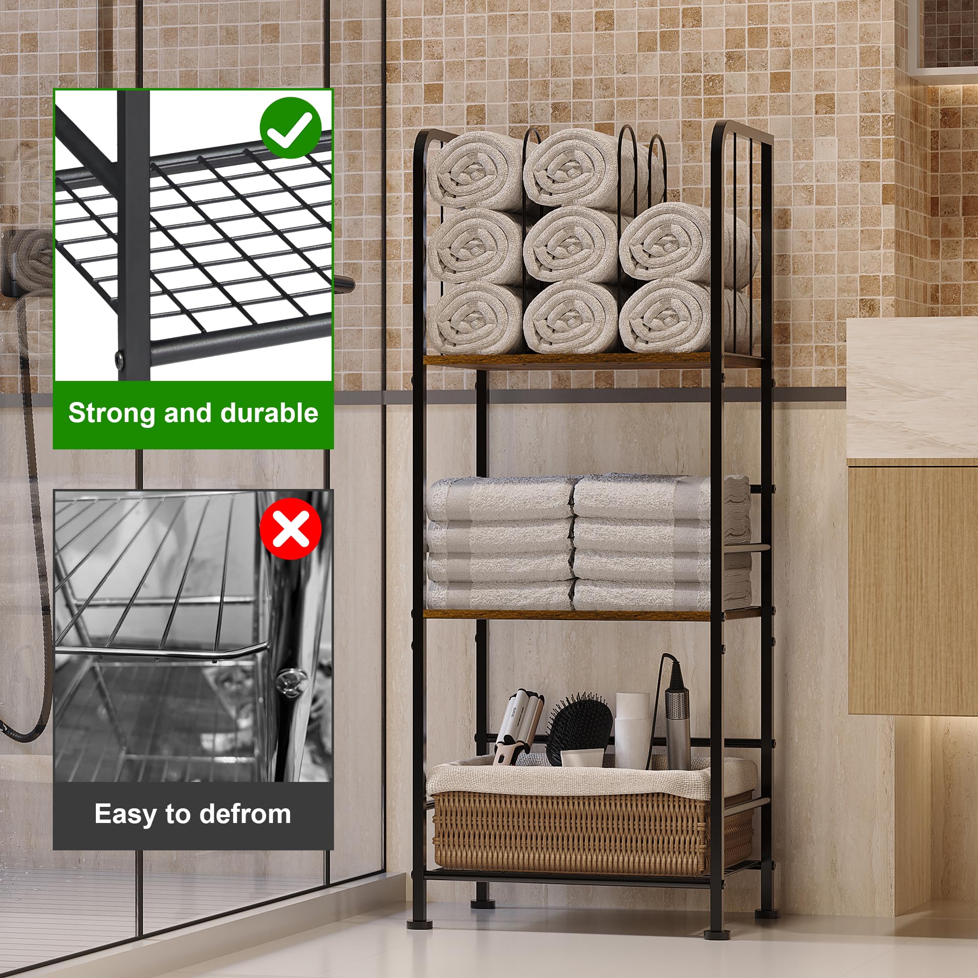 Jautokerdar 3-tier shelves offer ample space for towels and toiletries.