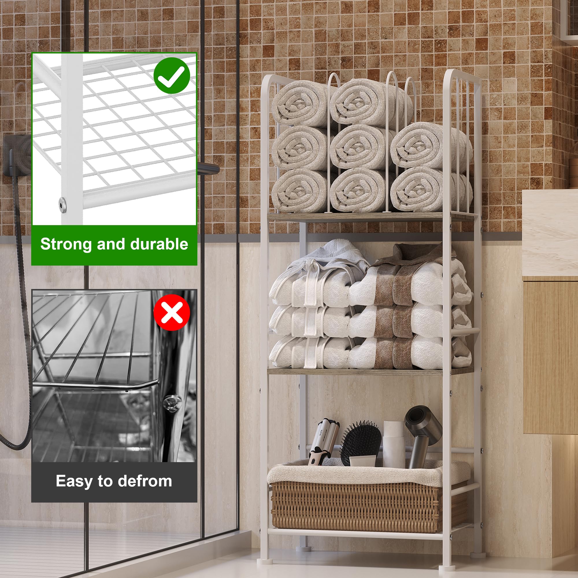 Durable iron and wood construction supports towels and toiletries securely.