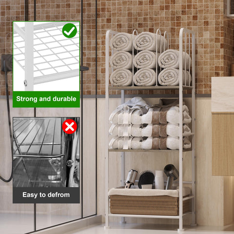 Durable iron and wood construction supports towels and toiletries securely.