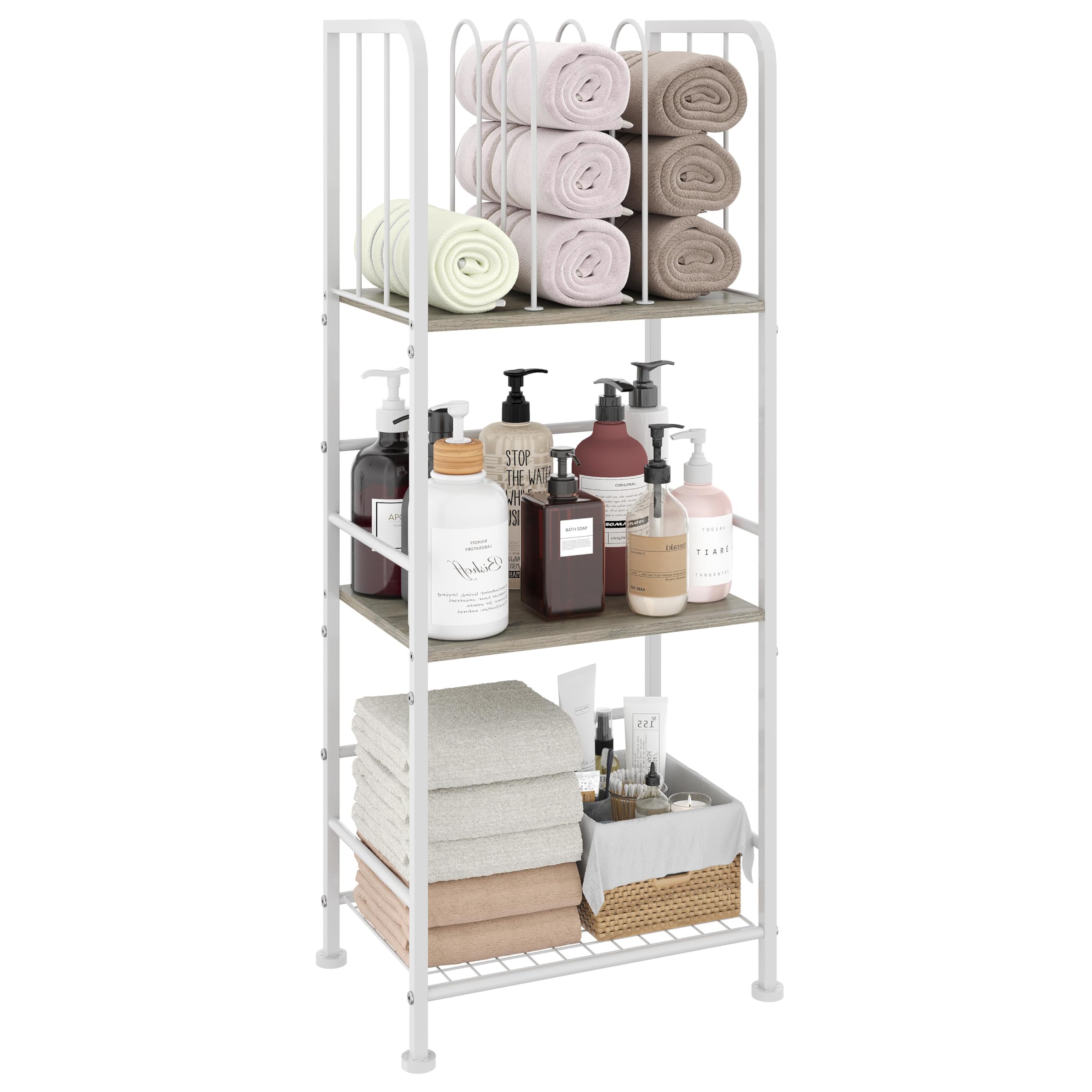 Jautokerdar towel rack top shelf with U dividers keeps towels organized.