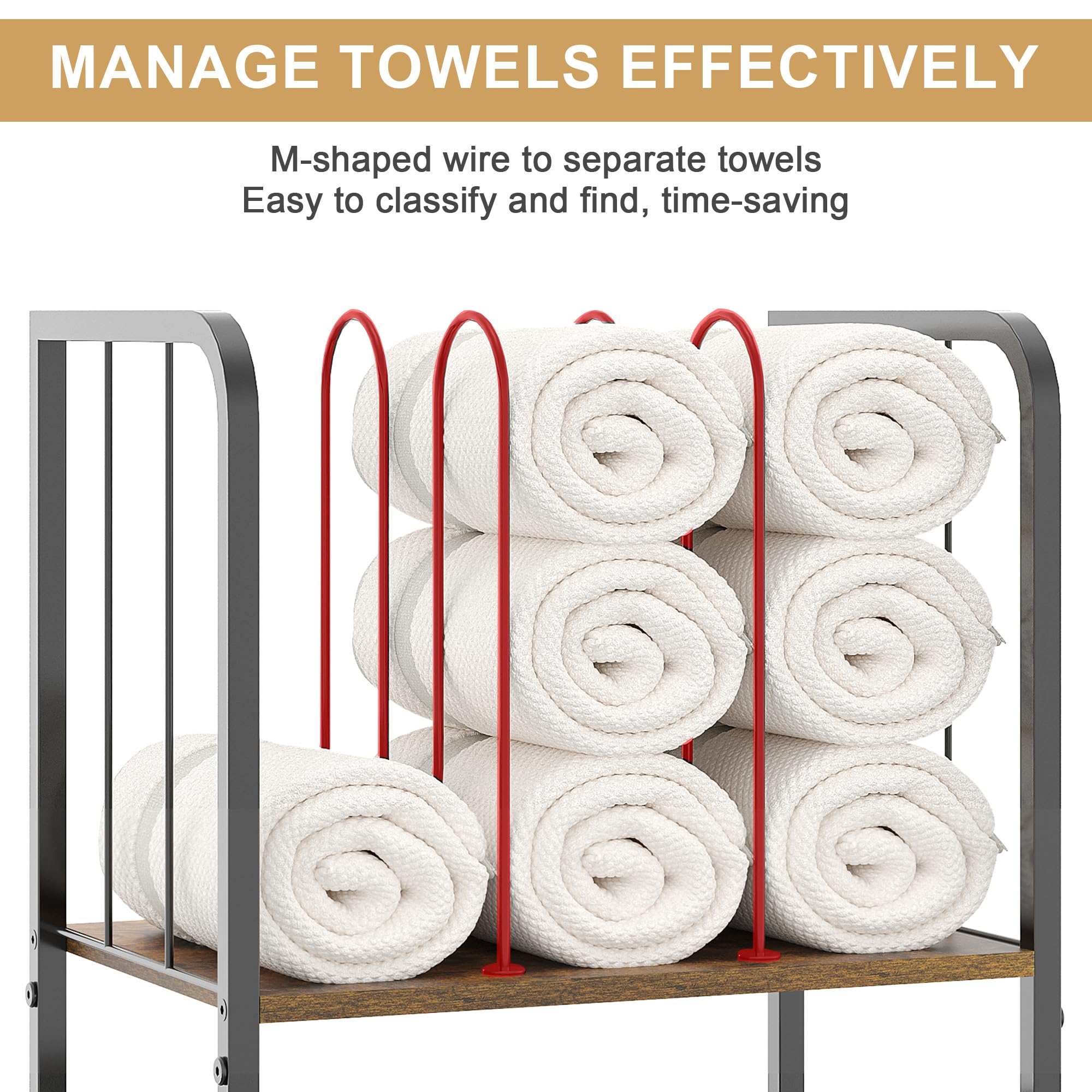 Jautokerdar towel rack top shelf with U-shaped dividers for quick towel access.