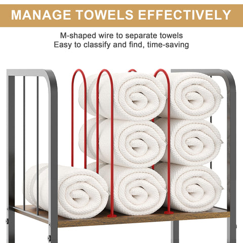 Jautokerdar towel rack top shelf with U-shaped dividers for quick towel access.