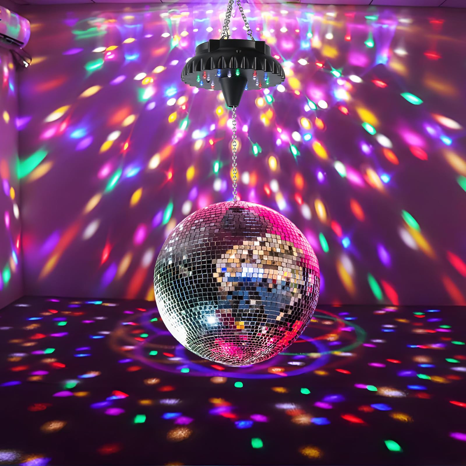 Javik disco ball motor in a party setup demonstrates dynamic lighting for clubs or weddings.