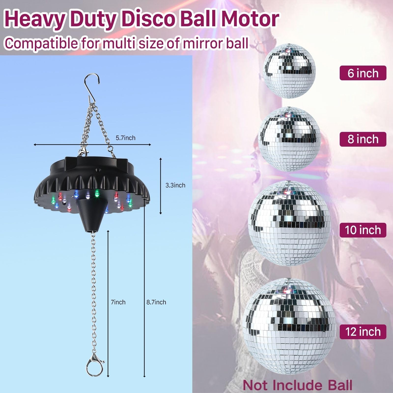 Javik disco ball motor side view highlighting a sturdy build for long-lasting party use.