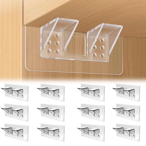 Jaxbo 12-pcs punch-free shelf supports installed inside a cabinet for clutter-free storage.