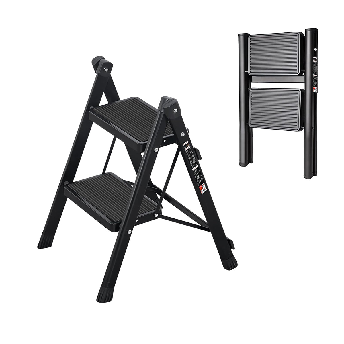 JaxSteam 2 Step Ladder folded for compact storage in tight spaces.