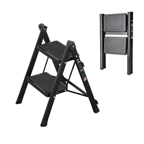 JaxSteam 2 Step Ladder folded for compact storage in tight spaces.
